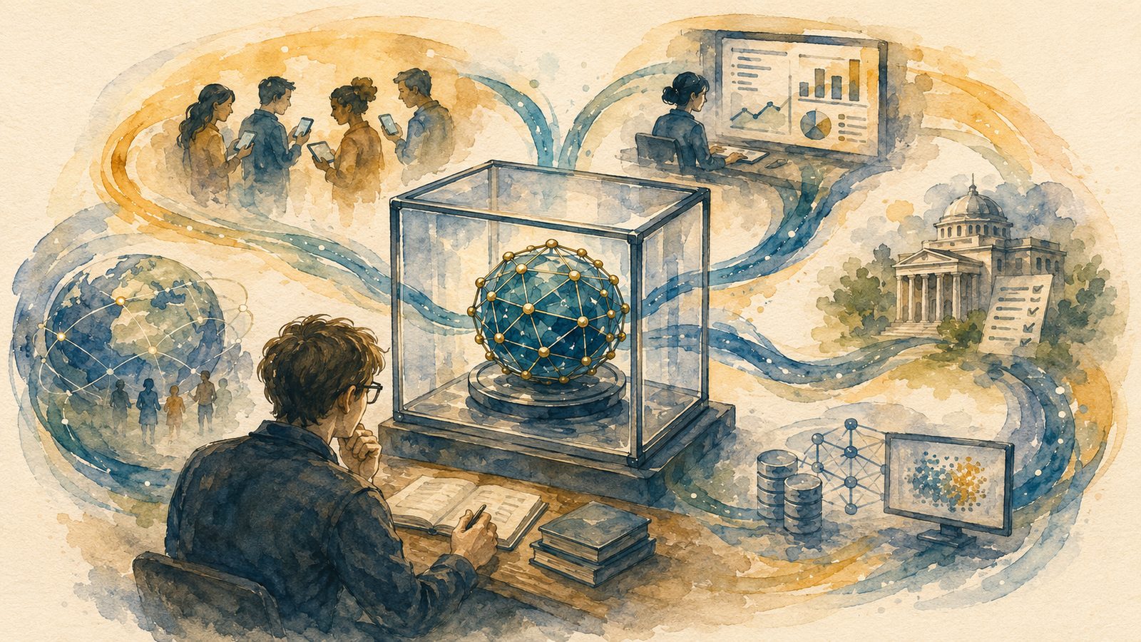 A researcher tends a small glowing geometric mechanism inside a glass enclosure, while thin channels reveal it is connected to a much larger circulatory system of users, metrics, institutions, and training that forms the true optimizing loop.