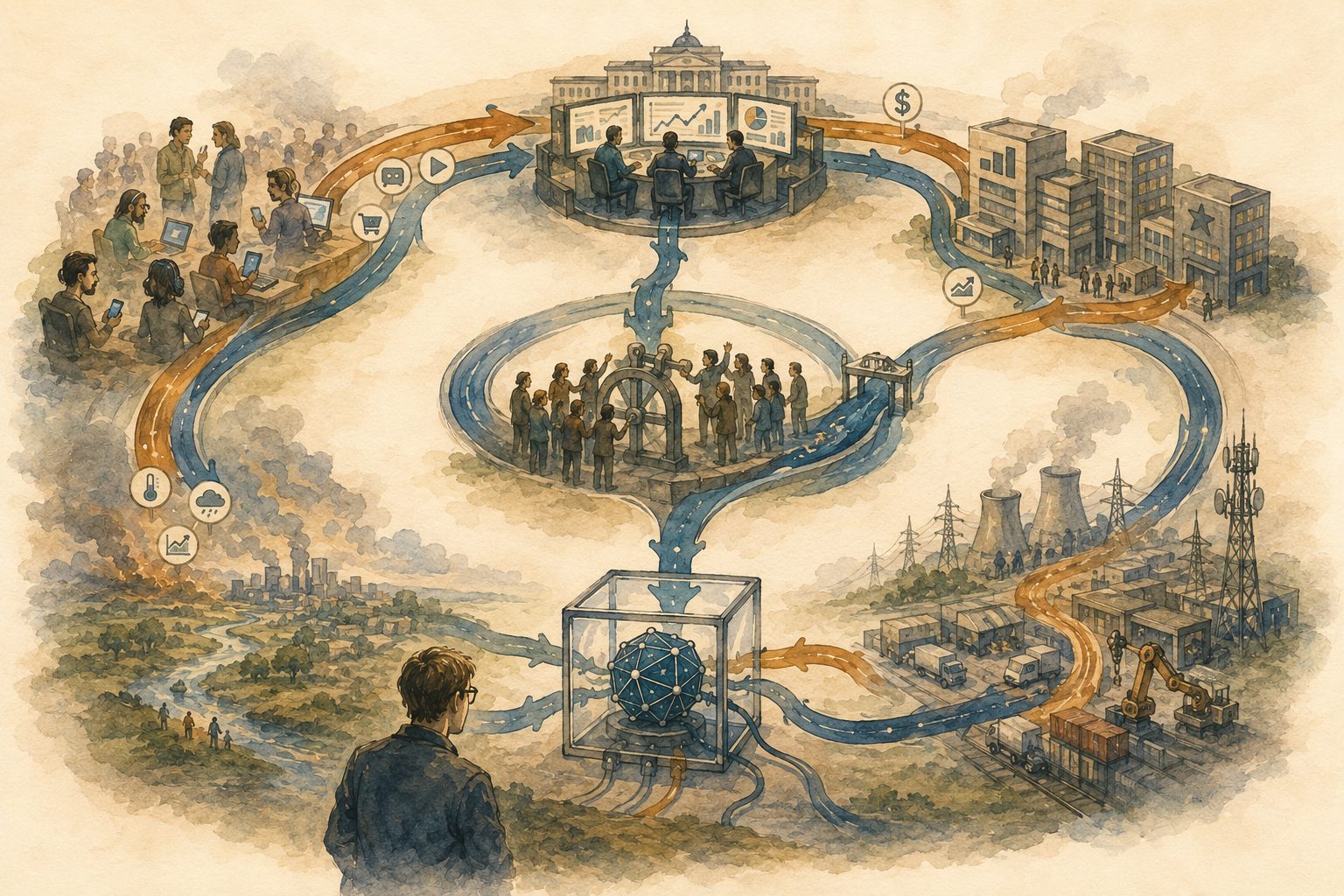 A small glass-box AI model sits at the centre of a vast circulatory loop connecting an AI laboratory, human users, institutions, markets, government, and infrastructure, with a narrow civic gate struggling to steer the whole flow.