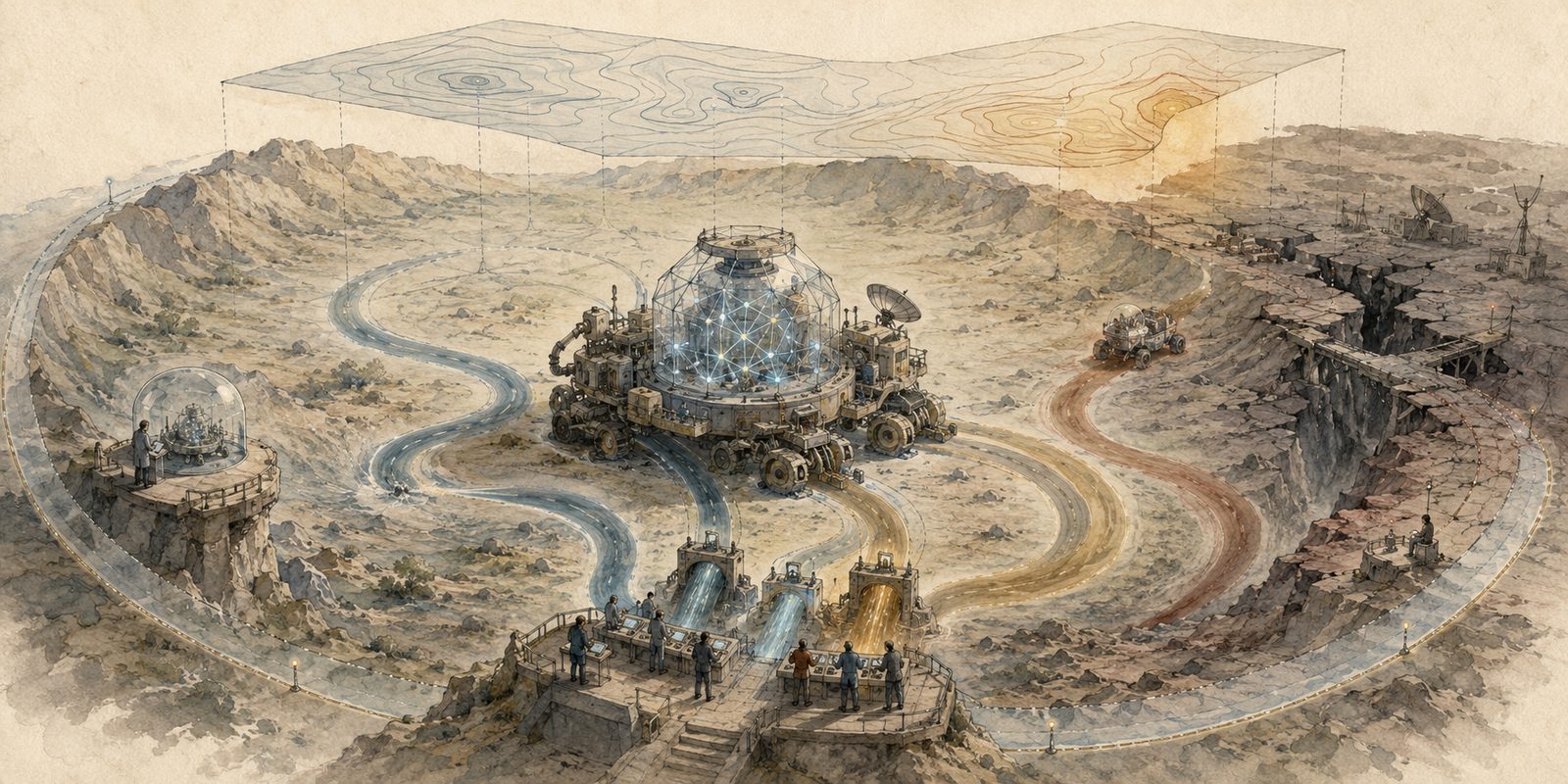 A large composite vessel carrying a transparent AI core moves through a broad landscape basin, guided back toward a viable corridor by human-operated correction gates, while one trajectory drifts toward a fractured, unrecoverable region.