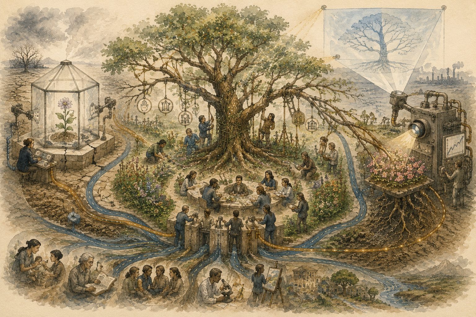 An old branching tree grows in a tended garden, its roots drawing on human experience, memory, and deliberation, contrasted with a frozen conservatory flower and an automated machine bending branches toward a narrow measured signal.