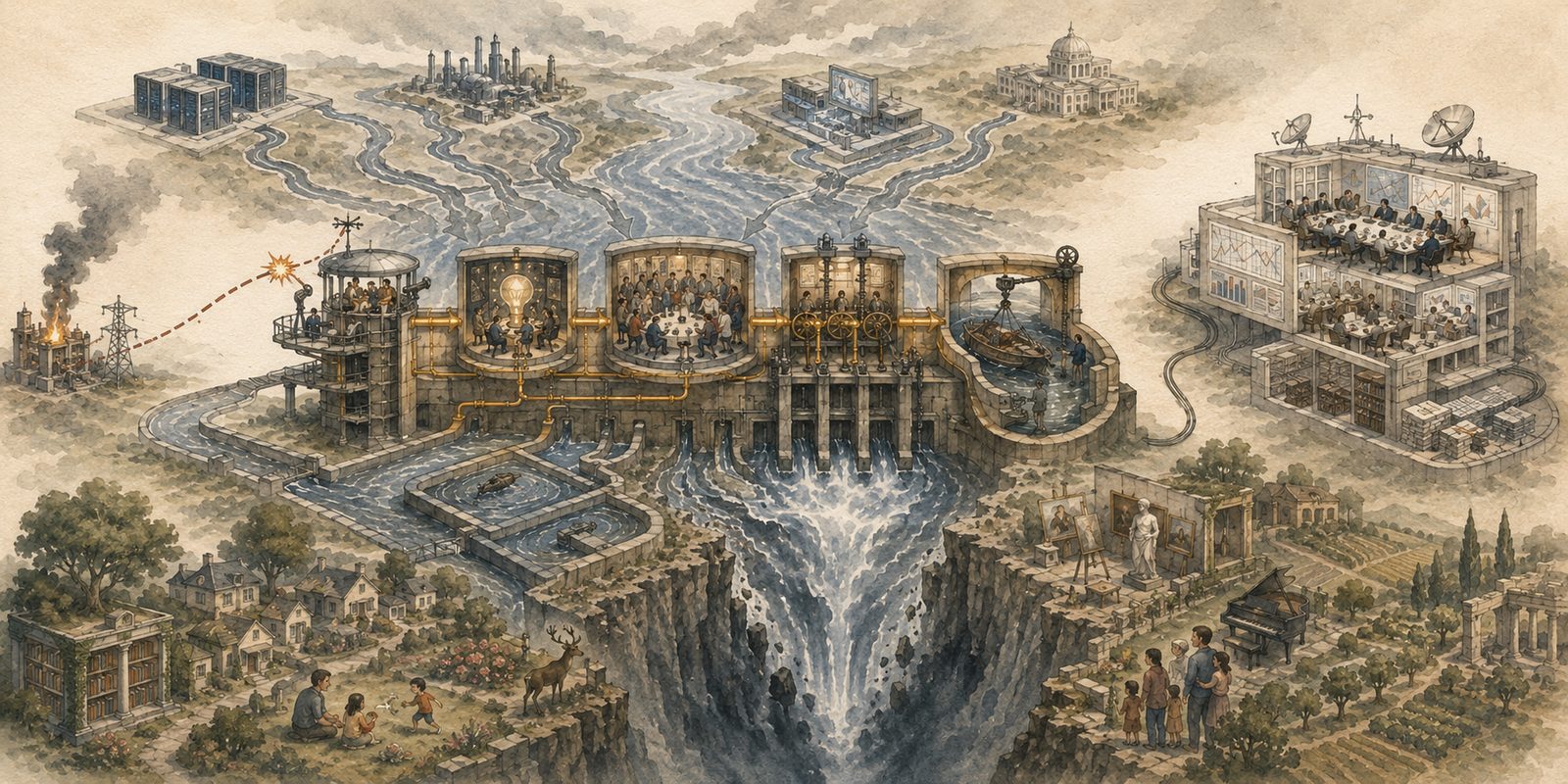 A large civilizational gate spans a river of AI capability, its towers and chambers linking observation, interpretation, contest, and control, while a polished but disconnected institution downstream can no longer reach the actual controls.