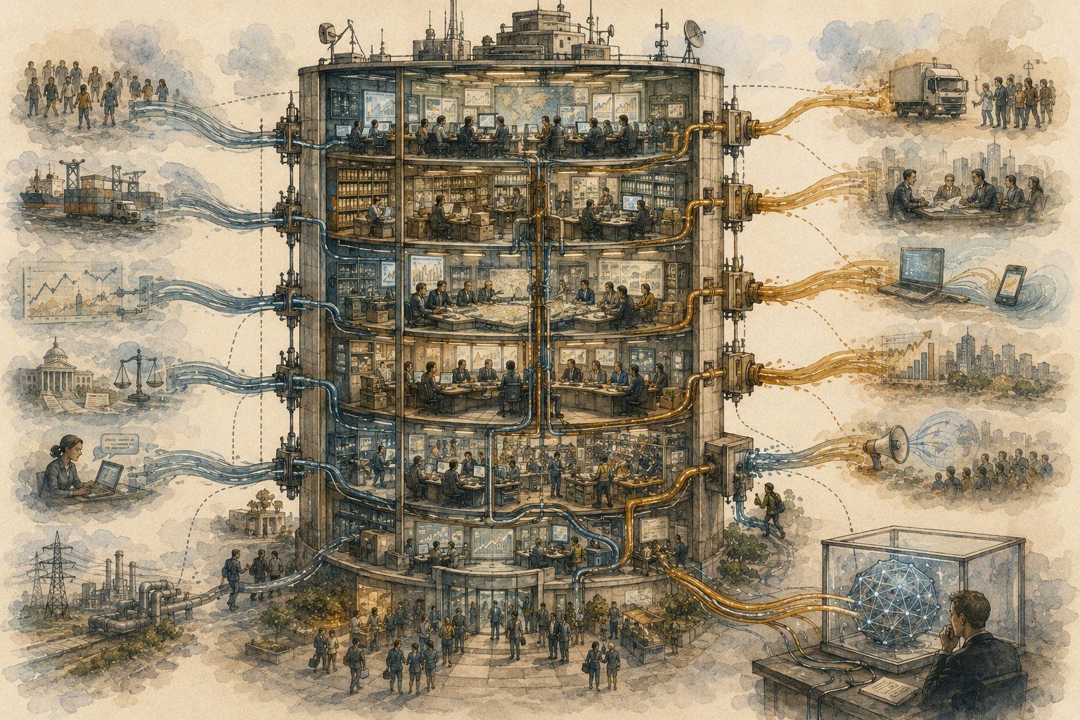 A cutaway office tower with no face or body shows departments for observation, memory, planning, decision-making, operations, and evaluation forming one continuous control loop, with a small AI system amplifying several floors.