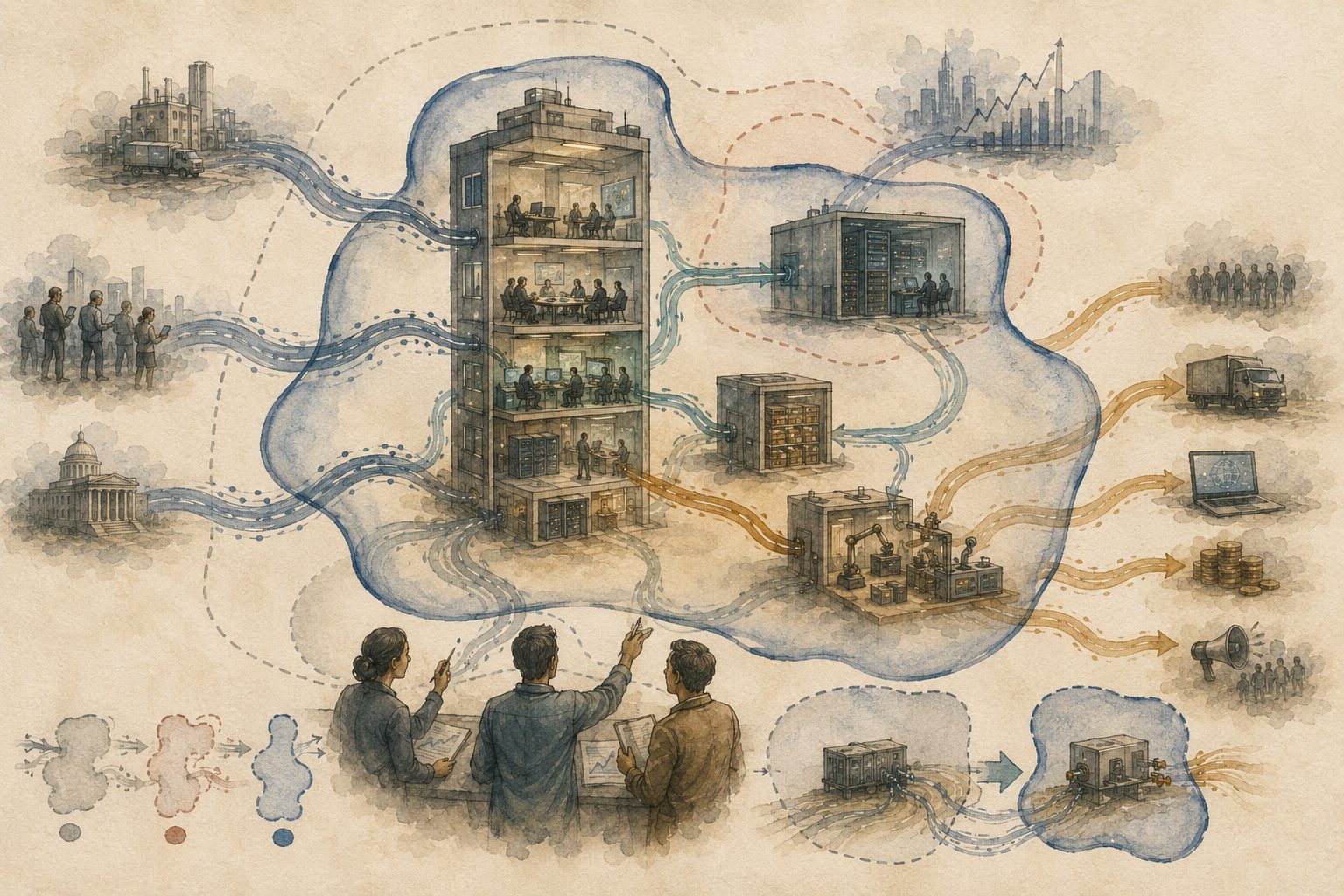 Investigators trace glowing blue-grey and amber flows across a sparse landscape of buildings and users, revealing an irregular boundary that cuts through several structures to mark the true agent, distinct from the visible office tower.