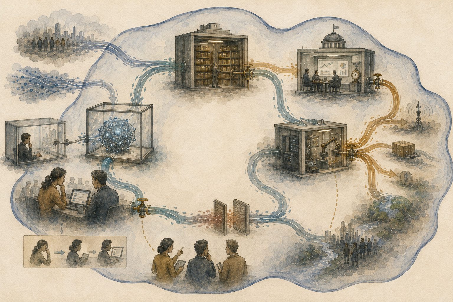 Five components -- a model enclosure, human users, a memory archive, a tool facility, and an institutional structure -- form one closed loop around an empty centre, showing that the composite agent exists in their coordinated circulation, not in any single part.