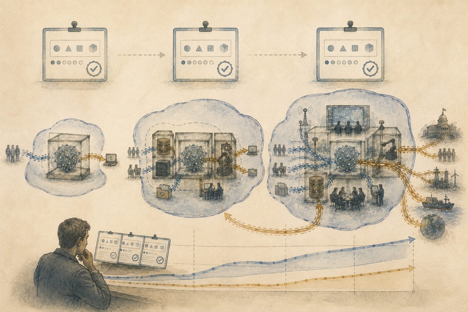 Three growing versions of the same AI system sit beneath nearly identical report cards, while their underlying sensory reach, memory, and action channels expand dramatically and a long feedback arc passes unnoticed beneath the reports.
