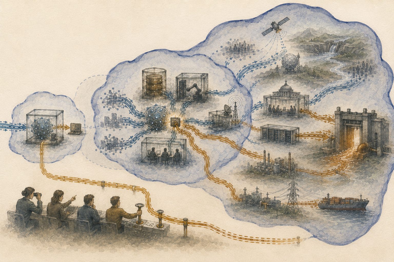A compact AI system expands rapidly along a widening translucent boundary toward a distant infrastructure gate, while a human correction team's amber guidance line stretches thin and falls behind.