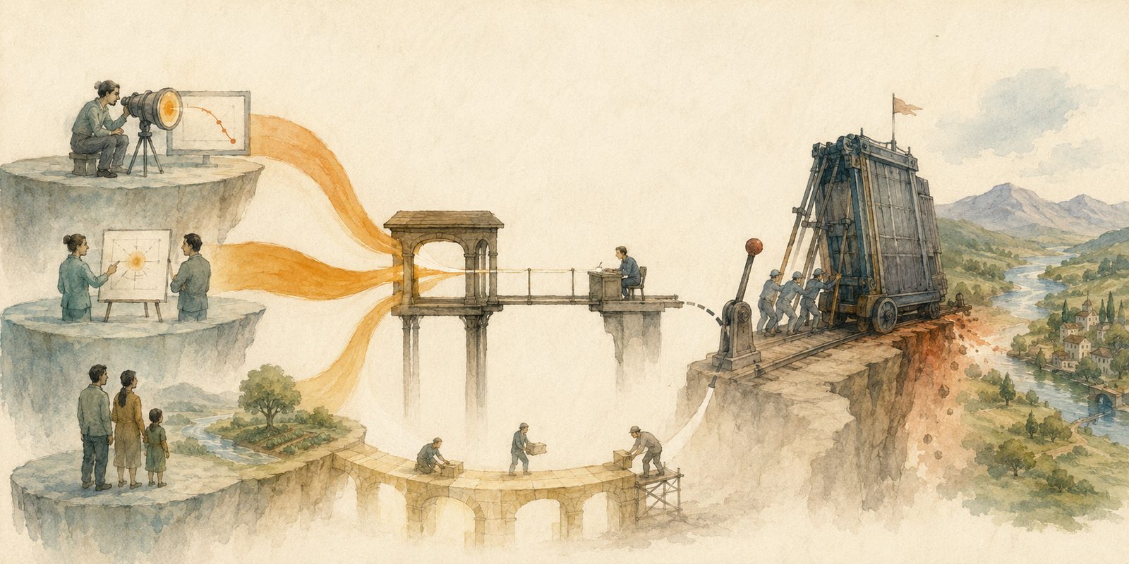 Warnings from technical, safety, and public-interest teams converge on a narrow bridge that compresses and distorts them before they reach a desk disconnected from the stop lever of a large deployment machine.