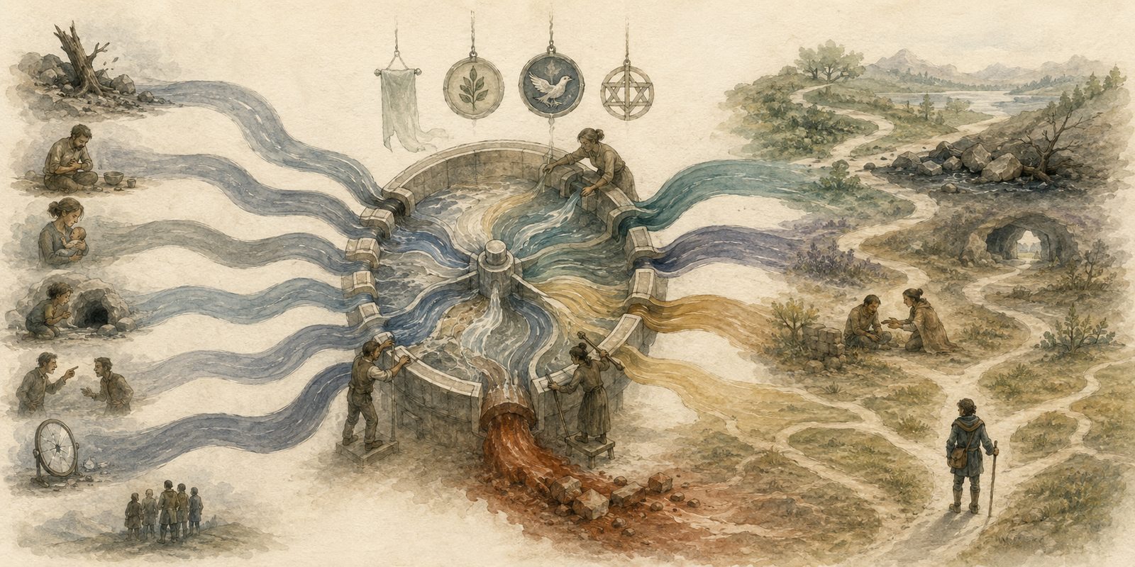 Many bodily, emotional, and social feedback streams converge on one compression hub that distills them into four broad control currents, which reshape the branching paths available to a human traveler.