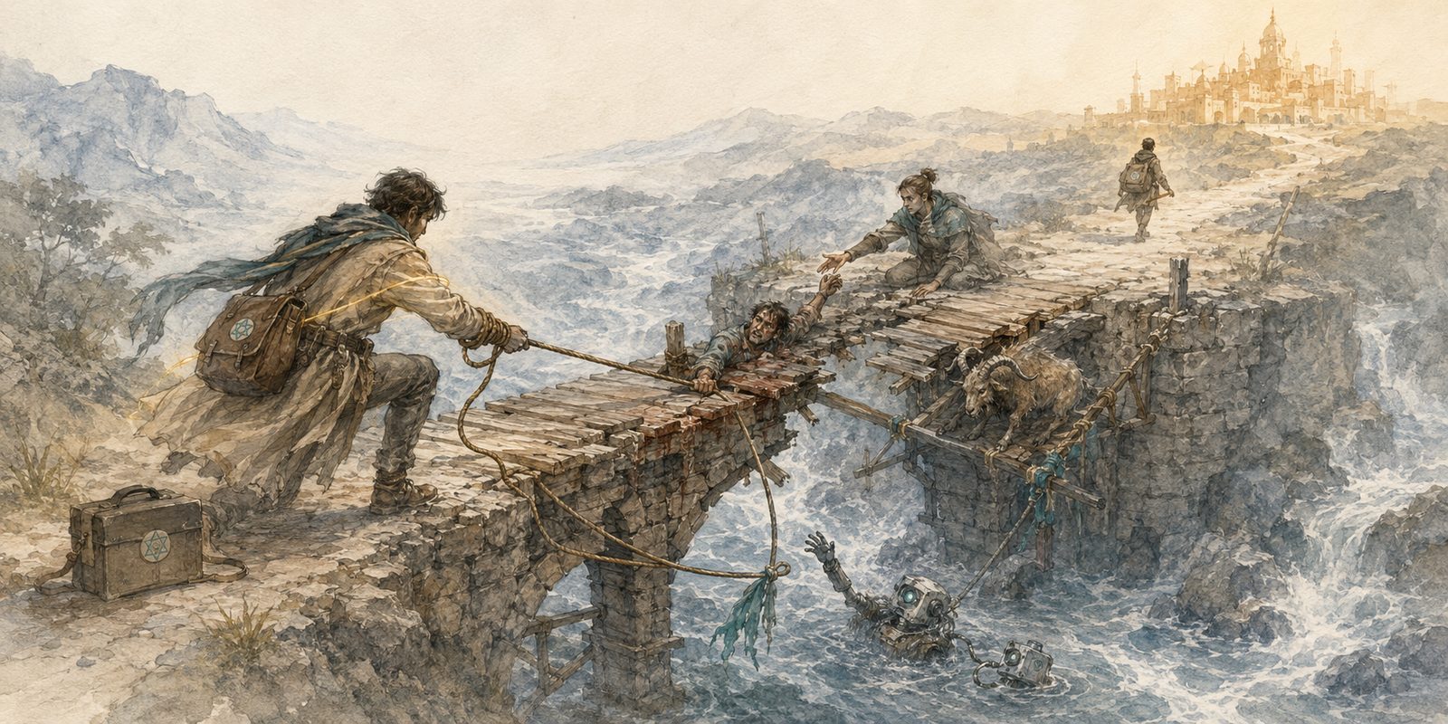 A traveler carrying urgent supplies stops at a collapsed bridge to rescue a person, an animal, and an uncertain artificial being, using one rope to balance rescue, safety, and a widening circle of concern.